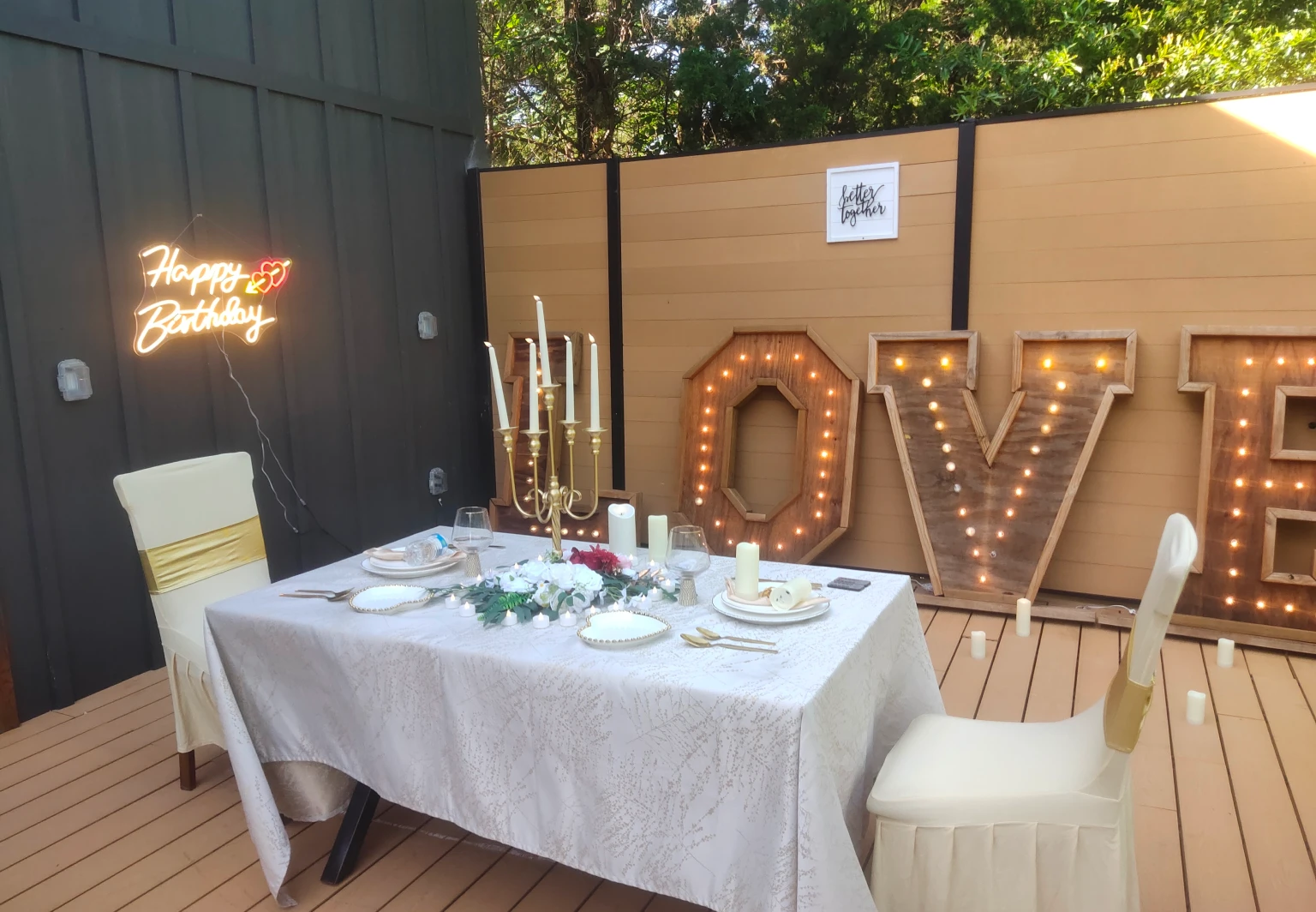 A romantic birthday set up outside Domance glamping's unit in Dallas