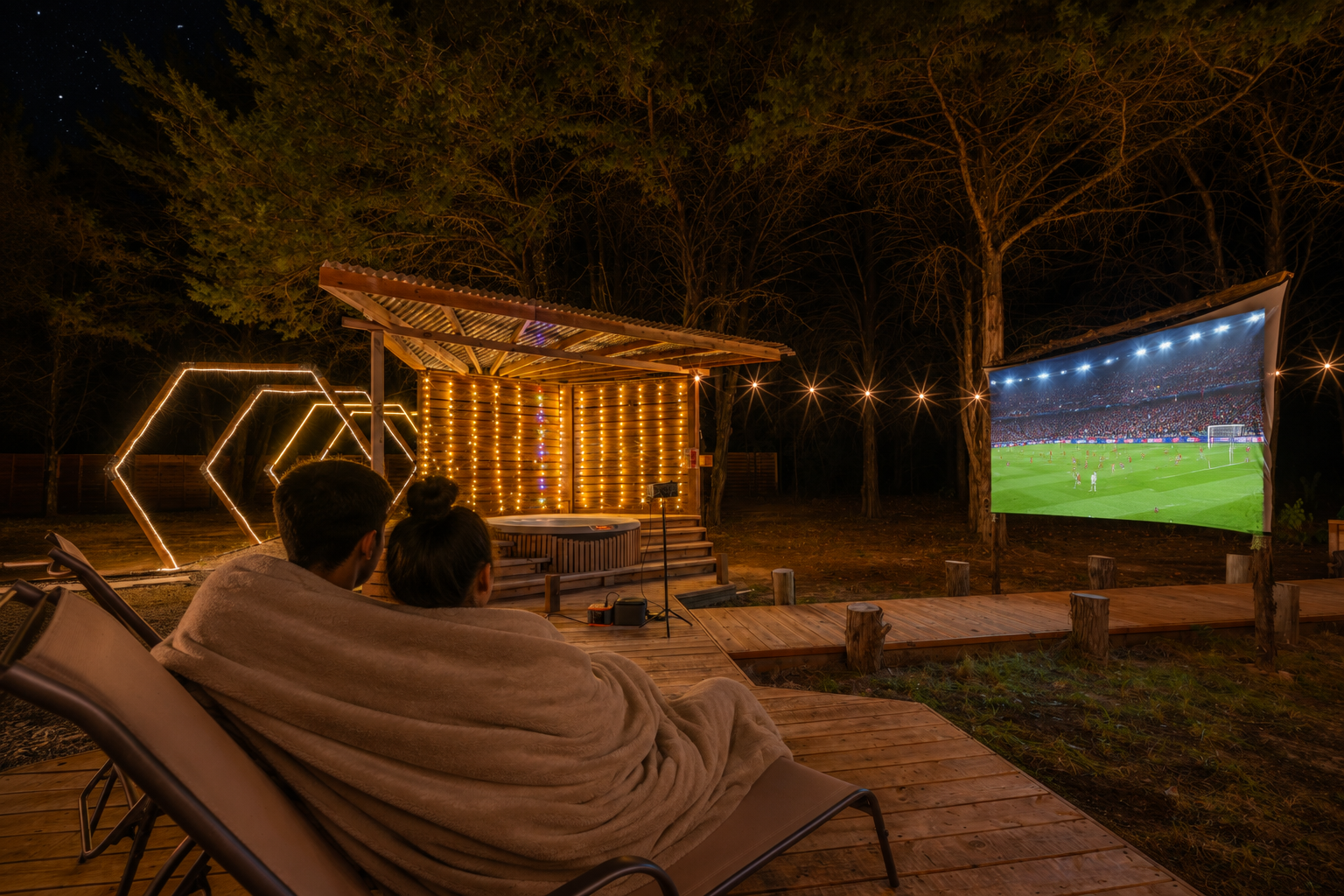 A couple wrapped in one blanket in cozy camp chairs at dusk, facing the glowing 120 inch WildScreen, trees and a few stars above.