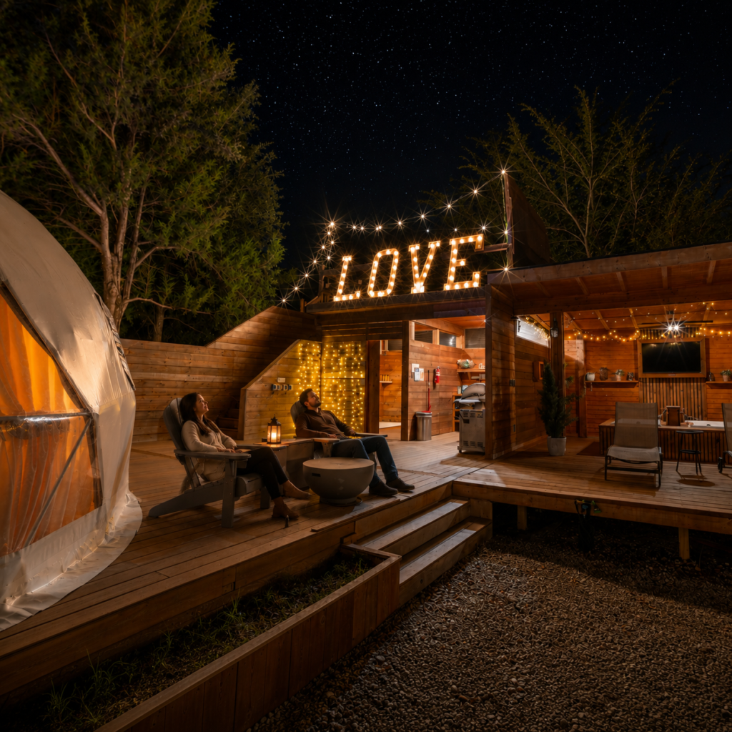 Couple stargazing together outside a luxury glamping tent during a quiet couples getaway in Texas.