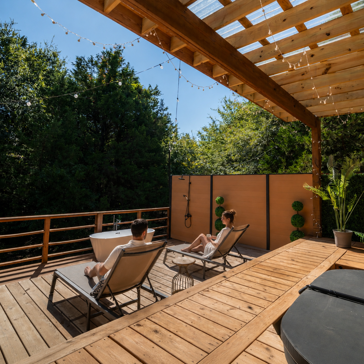 Couple relaxing in a private hot tub during a romantic glamping getaway near Dallas at dusk.