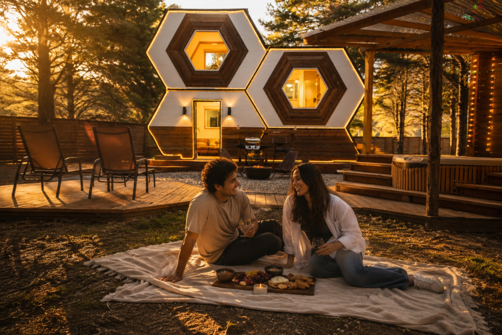 Couple laughing together during a weekend glamping retreat near Dallas Texas.