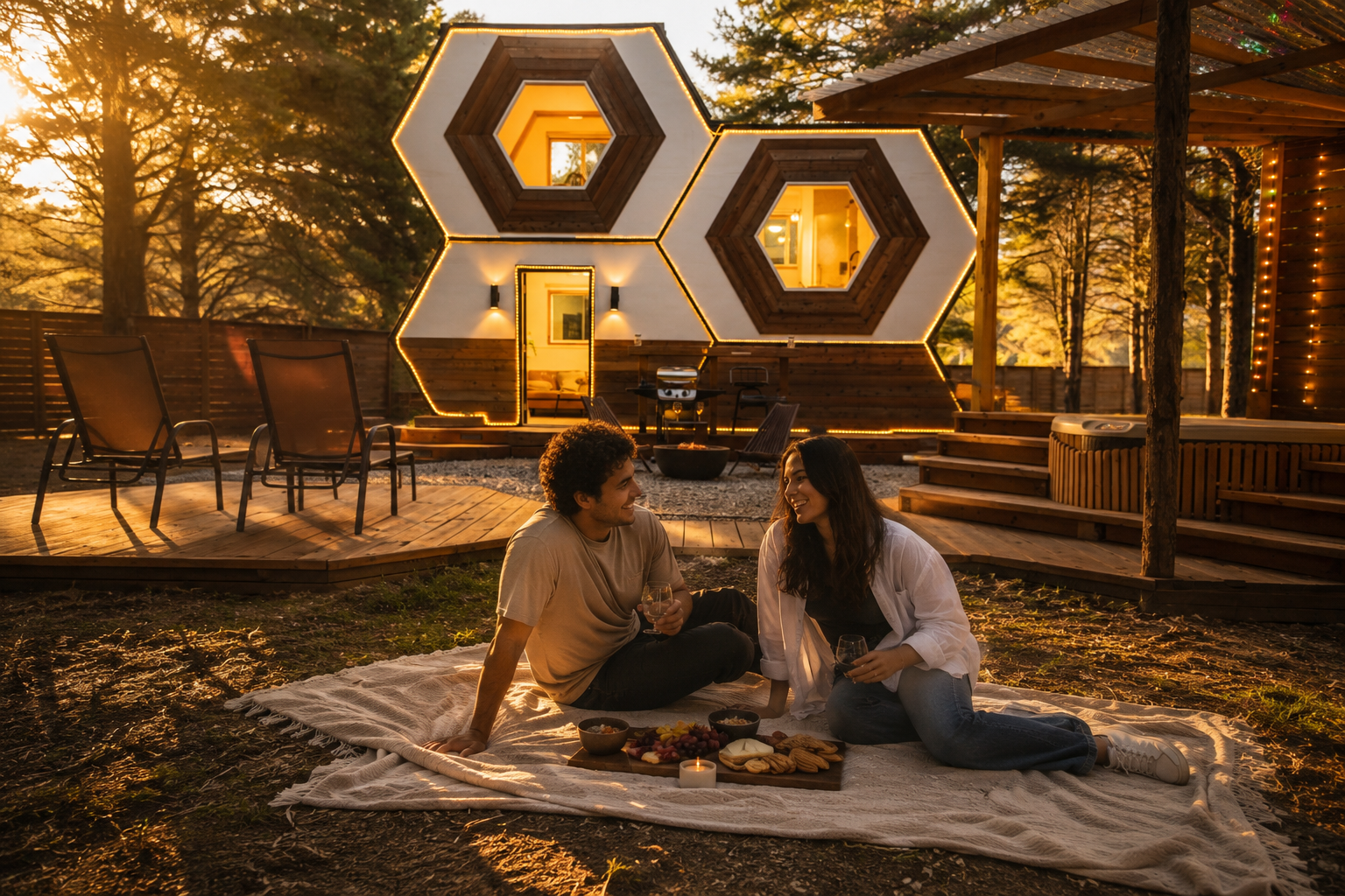 Couple laughing together during a weekend glamping retreat near Dallas Texas.