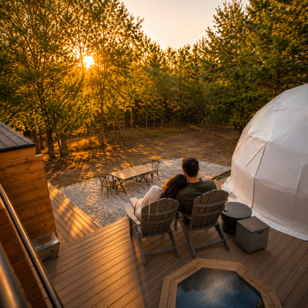 Couple relaxing outside a luxury glamping tent near Dallas Texas at sunset.