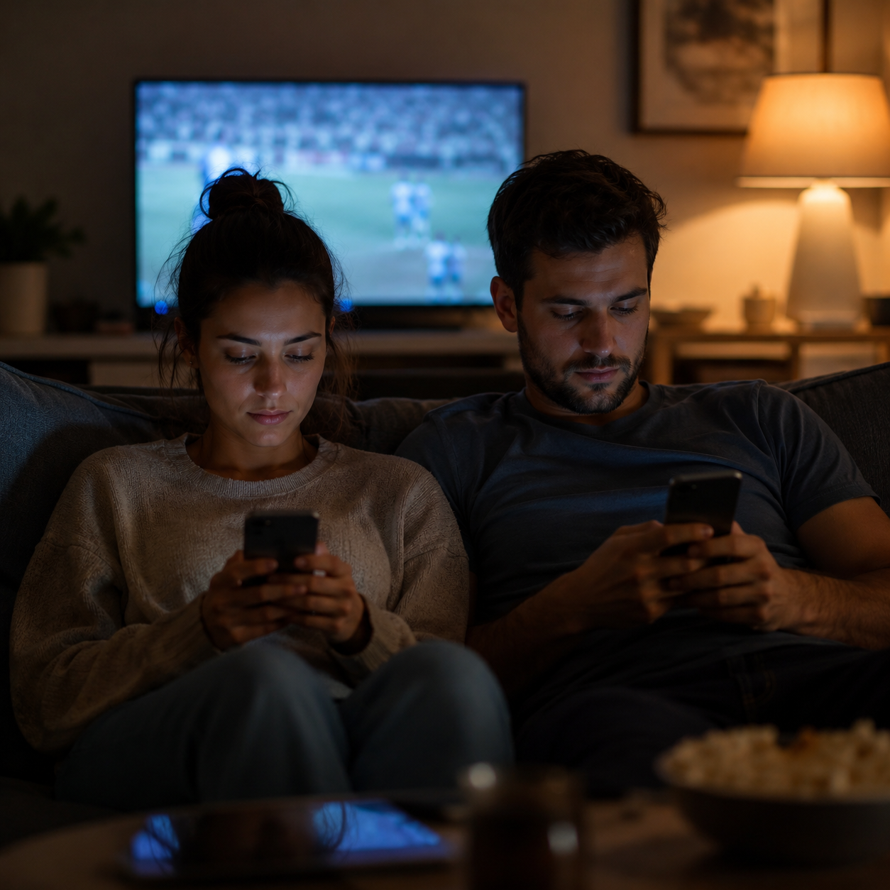 Distracted couple sitting together but disconnected during a typical game night at home.