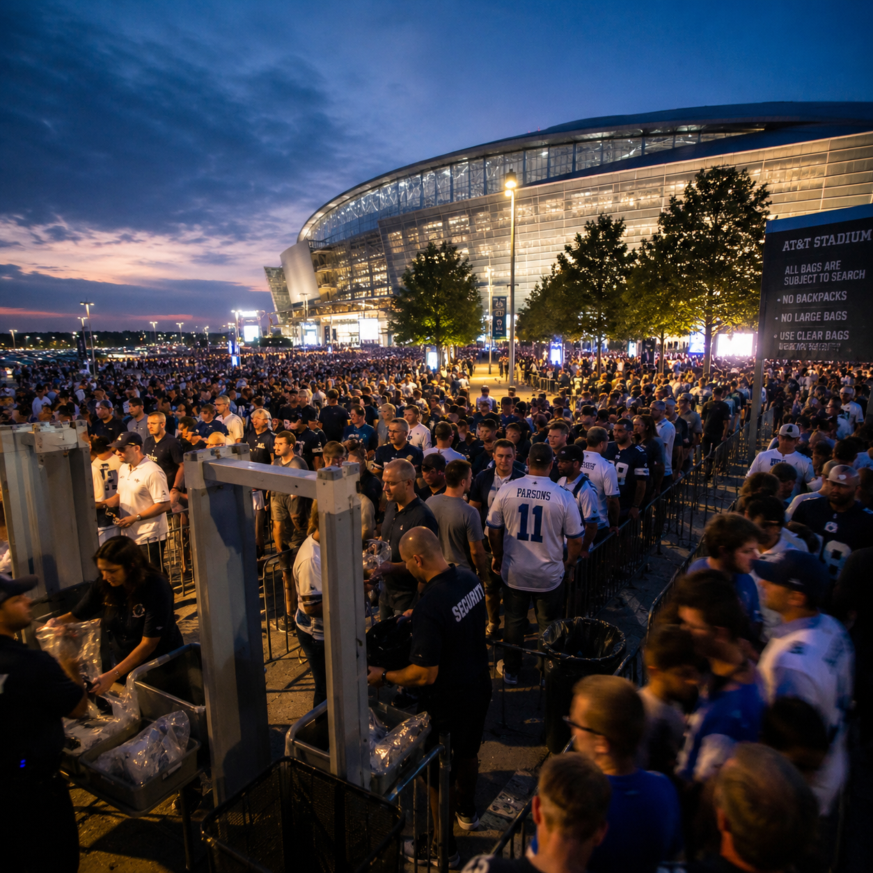 Crowded entrance line outside a Dallas stadium during World Cup season.