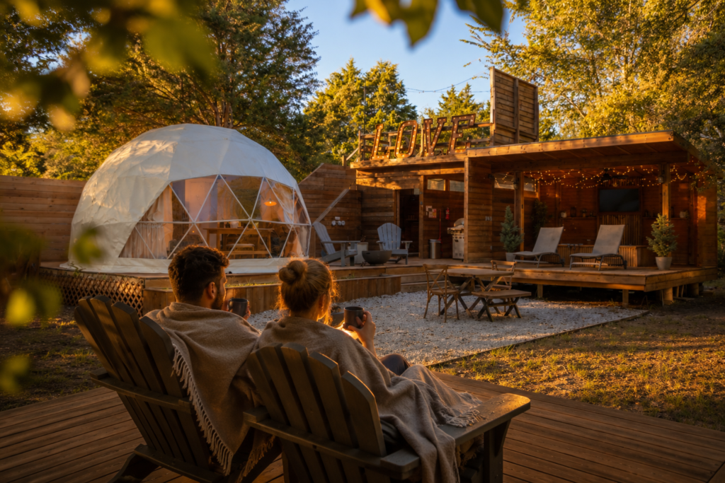 Couple on a romantic couples retreat in Texas at a private glamping tent near Dallas during sunset.